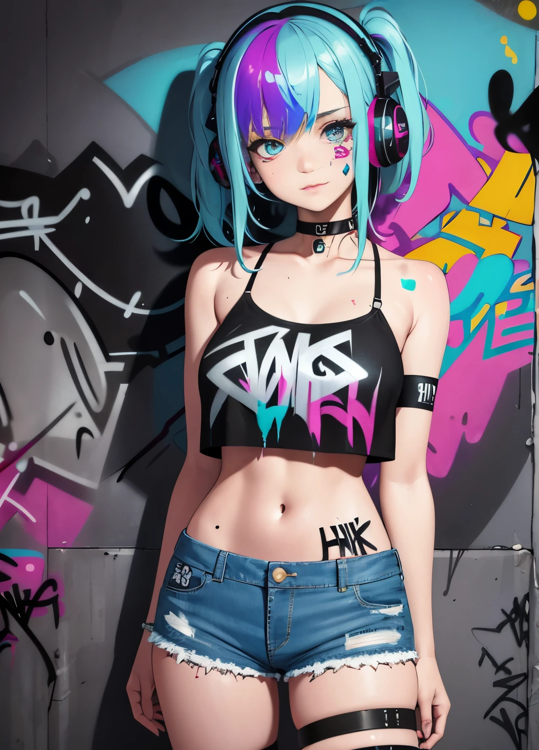 masterpiece, best quality, 1girl, solo, crop top, denim shorts, choker, (graffiti:1.5), paint splatter, arms behind back, against wall, looking at viewer, armband, thigh strap, paint on body, head tilt, bored, multicolored hair, aqua eyes, headset,