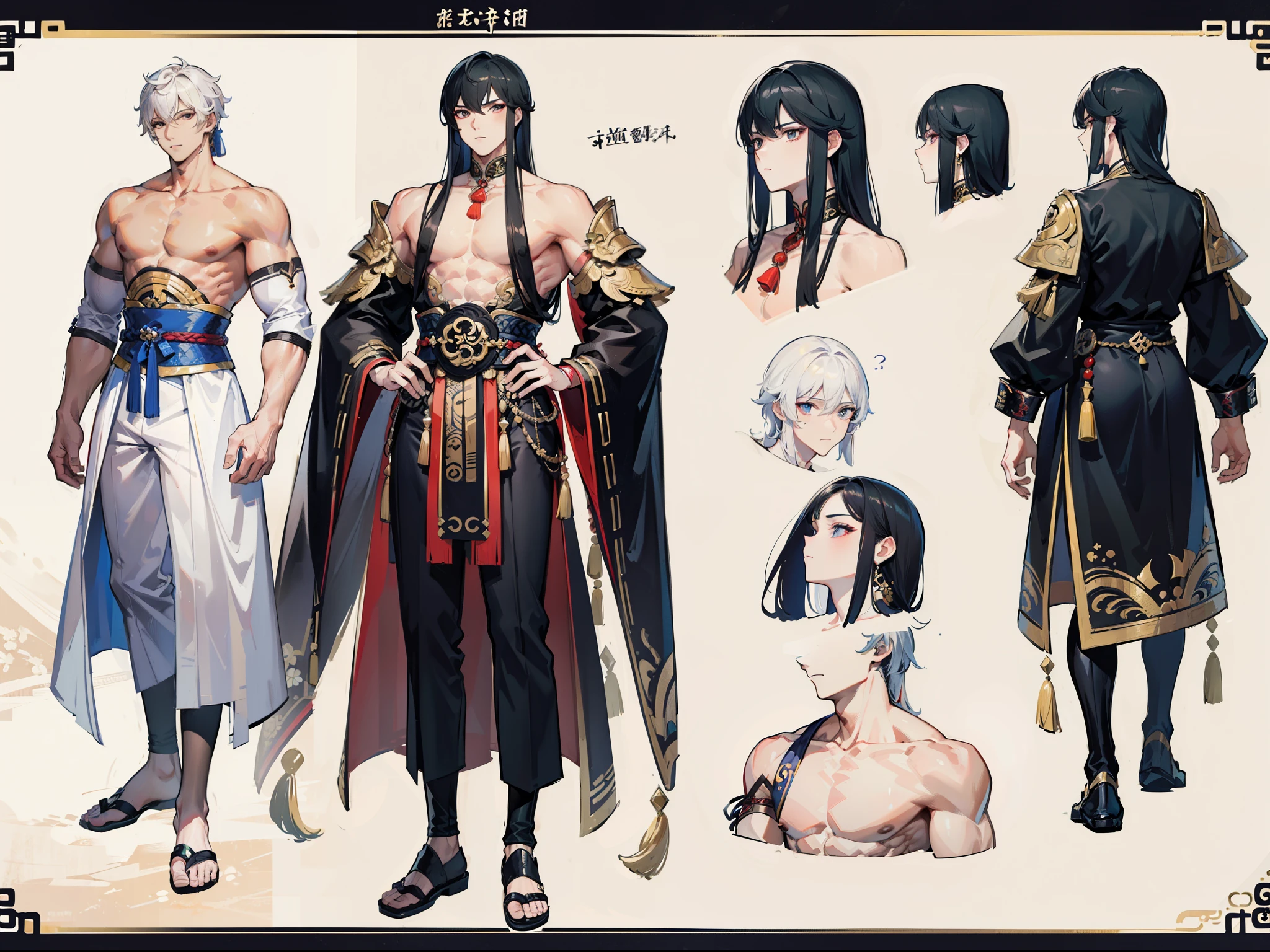 ((Masterpiece, Highest quality)), Male, boy, Detailed face, character design sheet， full bodyesbian, Full of details, frontal body view, back body view, Highly detailed, Depth, Many parts, angel wings, angel outfit, Muscle boy with black long ponytail hair, black hair, handsome man, male angel , man tall 