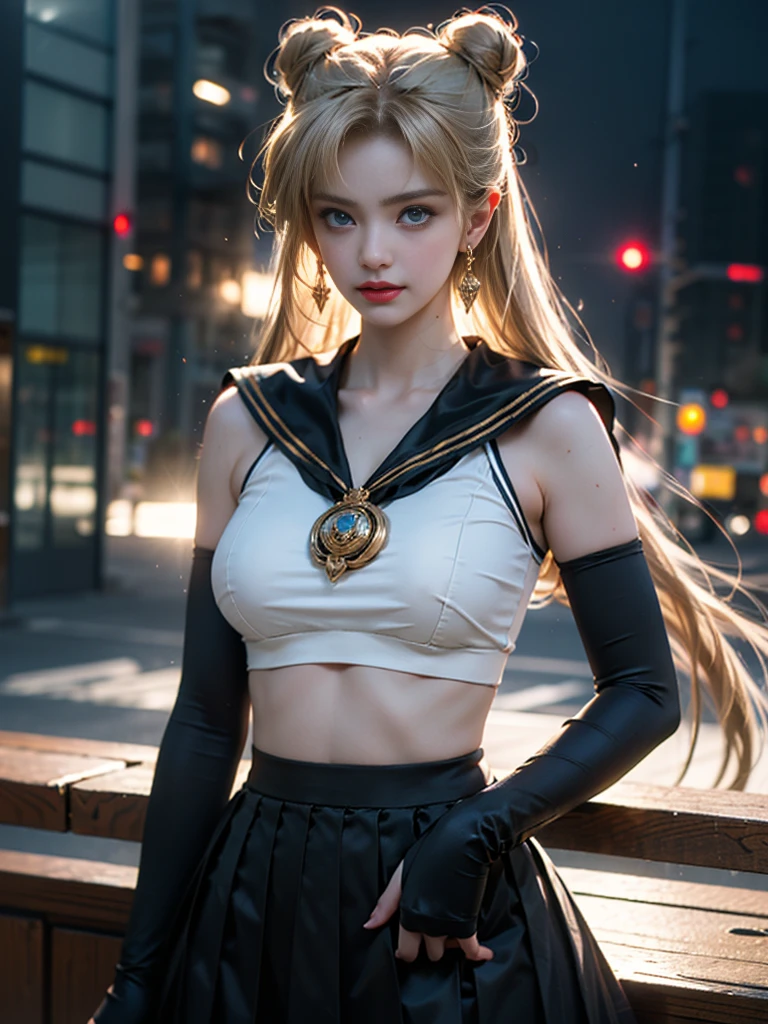 tmasterpiece，Highest image quality，super detailing，Best quality ,Extremely Delicately Beautiful, Very meticulous,Best quality, offcial art, extremely detaild的 CG unified 8k wallpapers, Ana de Armas portrait photo, 金发eBlue eyes，(CG Unity 8K wallpaper in extreme detail，tmasterpiece，Highest image quality)，(Delicate light and shadow，The picture is highly dramatic，Cinematic lens effect)， （the sailor moon：1.1），Charming smile，double tails， eBlue eyes，golden hair， tight top，whitegloveini-skirts，dynamicposes)，The background is the universe(Exceptional detail，The lighting effect is outstanding，Vista wide angle)，(Excellent rendering，Enough to stand out from the crowd)，Sexy big breasts，Dreamcatcher earrings，The sexiest look，beautiful thilack silk clothing，