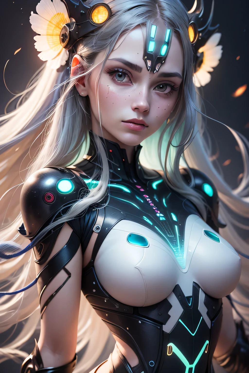 (ultra-high resolution, photoRealistic, Realistic, best quality, photoRealistic), (8k, Foto RAW, best quality, master part), (photon maping, radiosidade, Physics-based rendering, auto white balance), technological sense , best quality , master part, illustration, CG, unidade, papel de parede, Arte Oficial, Amazing, detalhes finos, extremamente delicado e bonito, extremamente detalhado, altamente detalhado, foco nítido, fundo rico, Fundo desfocado, (pessoa real, fotografia), ((( altamente detalhado skin, visible pores))),((seios pequenos)),Your face combines the grace of youth with the wonders of biotechnology. Seus olhos brilham com um brilho bioluminescente, signaling the symbiotic relationship between her and the living technology she uses. Sua pele carrega um leve, brilho iridescente, revealing the intricate network of bioluminescent veins that run beneath the surface. From his temples extend thin, tentacle-like appendages made from a combination of organic tissue and synthetic materials, serving as conduits for his biomechanical creations. The upper body features a jumpsuit adorned with organic patterns that merge perfectly with the mechanical components, refletindo a harmonia entre natureza e tecnologia. Gavinhas vivas se enroscam em torno dela, helping her in engineering marvels beyond imagination.
