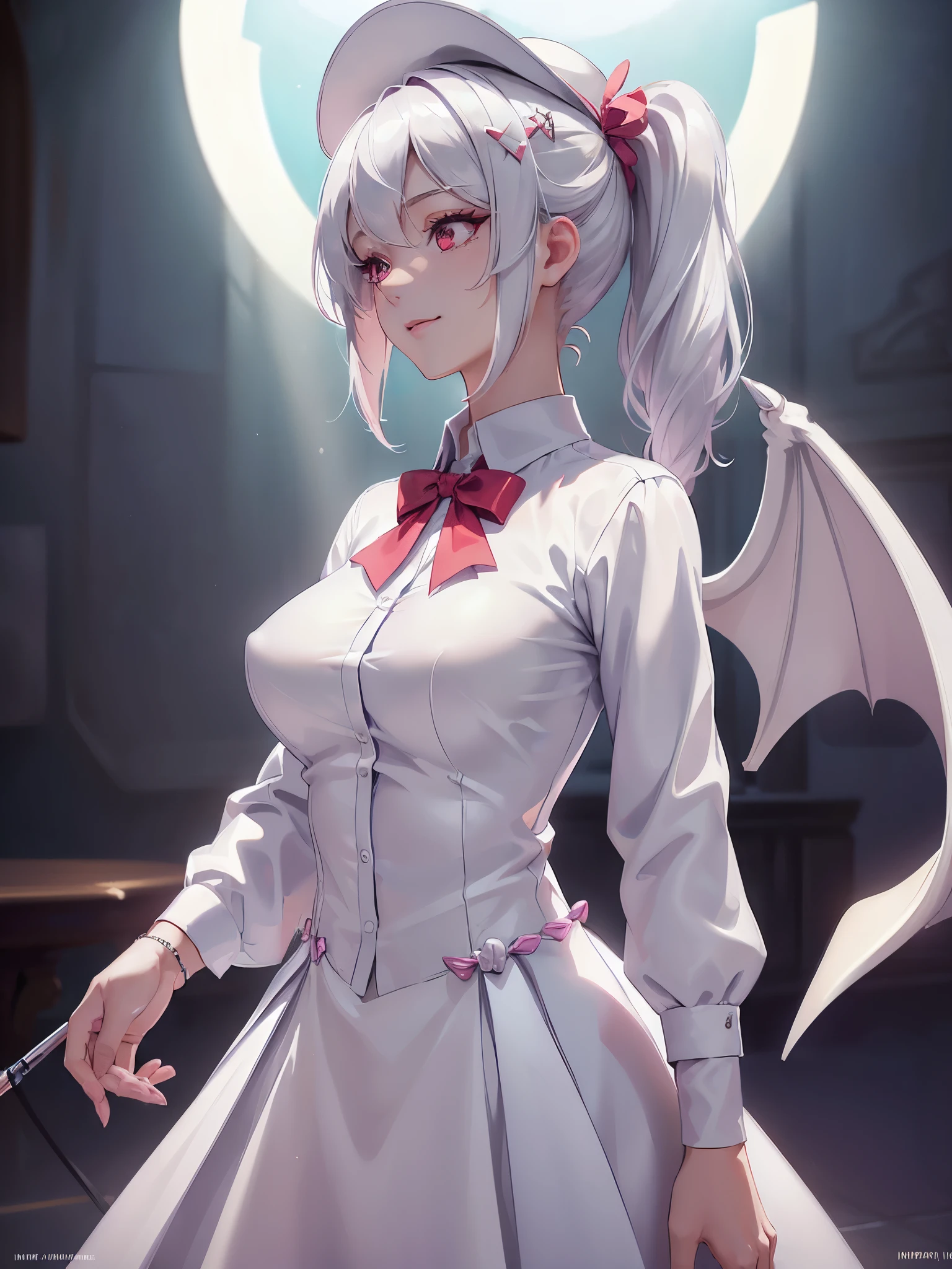 A high resolution, tmasterpiece,highest  quality, ultra - detailed, (詳細な目), (详细的脸), 1个Giant Breast Girl,illustratio, White hair, red eyes, highest details, (glowing light eyelatchest,  The light from the back window is backlighted, (diaphragm:1.4), llight rays, hight contrast, Colorful,room_idoly, (pony tails:1.2),(Happy:1.2),looking at viewert,The upper part of the body,(white  shirt:1.3),(Small hat with bat wings),(hair pin:1.2)