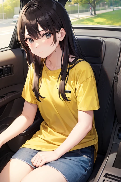 (Man), taxi driver, sitting, yellow t-shirt, black pants, long brown hair