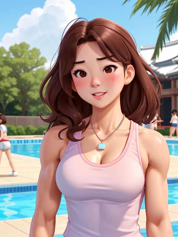 attractive korean woman, ripped muscle, muscular body, small breast, pale skin, sad(blush), sports tanktop, thin necklace, sixpack abs, [ultra detailed skin:1.2], brown hair, wavy hair, 8k uhd, pussy, full body, crowd, public, poolside, standing, cum on face,