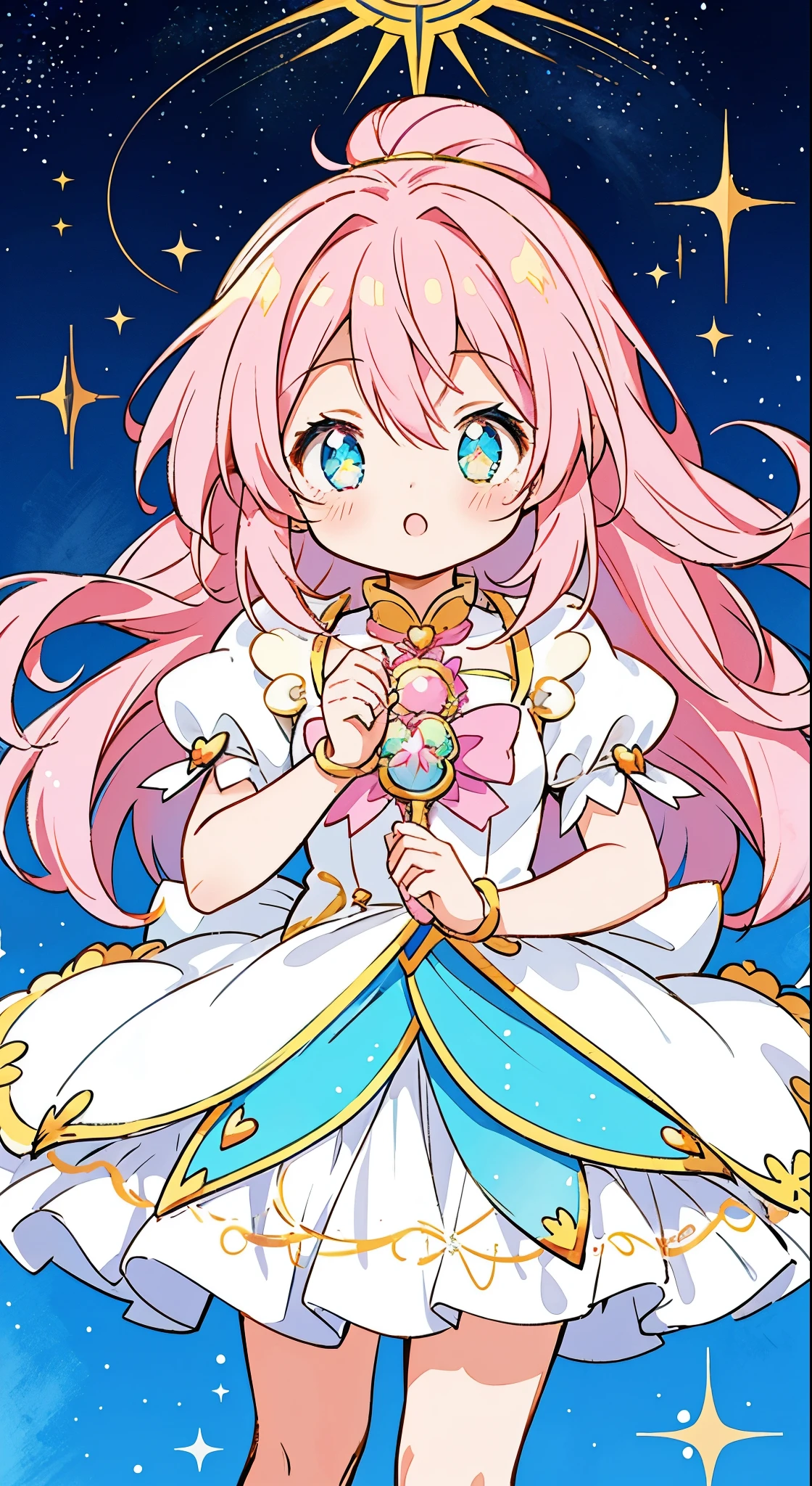 Anime girl star magical girl, sparkling magical girl, portrait of the magical girl, beautiful celestial mage, magical  girl, high detailed official artwork, Cute anime waifu in a nice dress, Pixiv Contest Winner, anime goddess, celestial magical girl, colorful multiple layered magical costume with gold details, ((bright pastel colors)), (colorful), whimsical, cute, long colorful pink hair