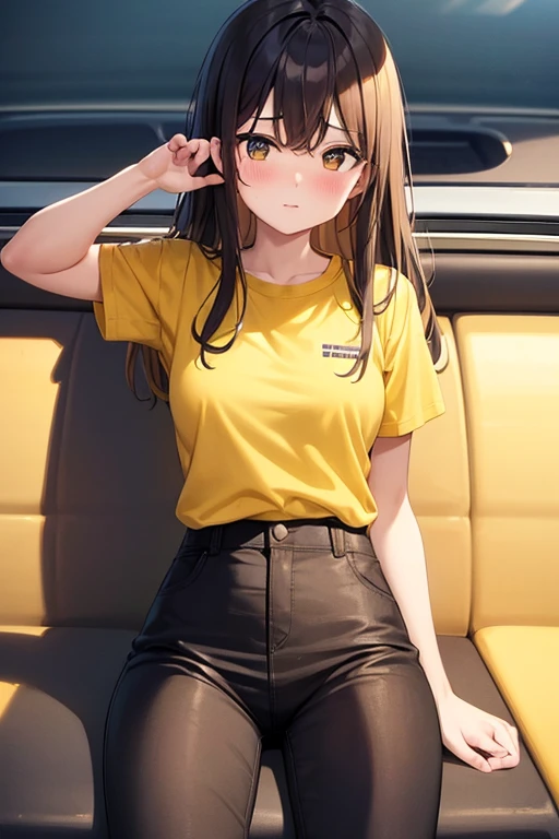 (Man), taxi driver, sitting, yellow t-shirt, black pants, long brown hair, thin waist, embarrassed, blush