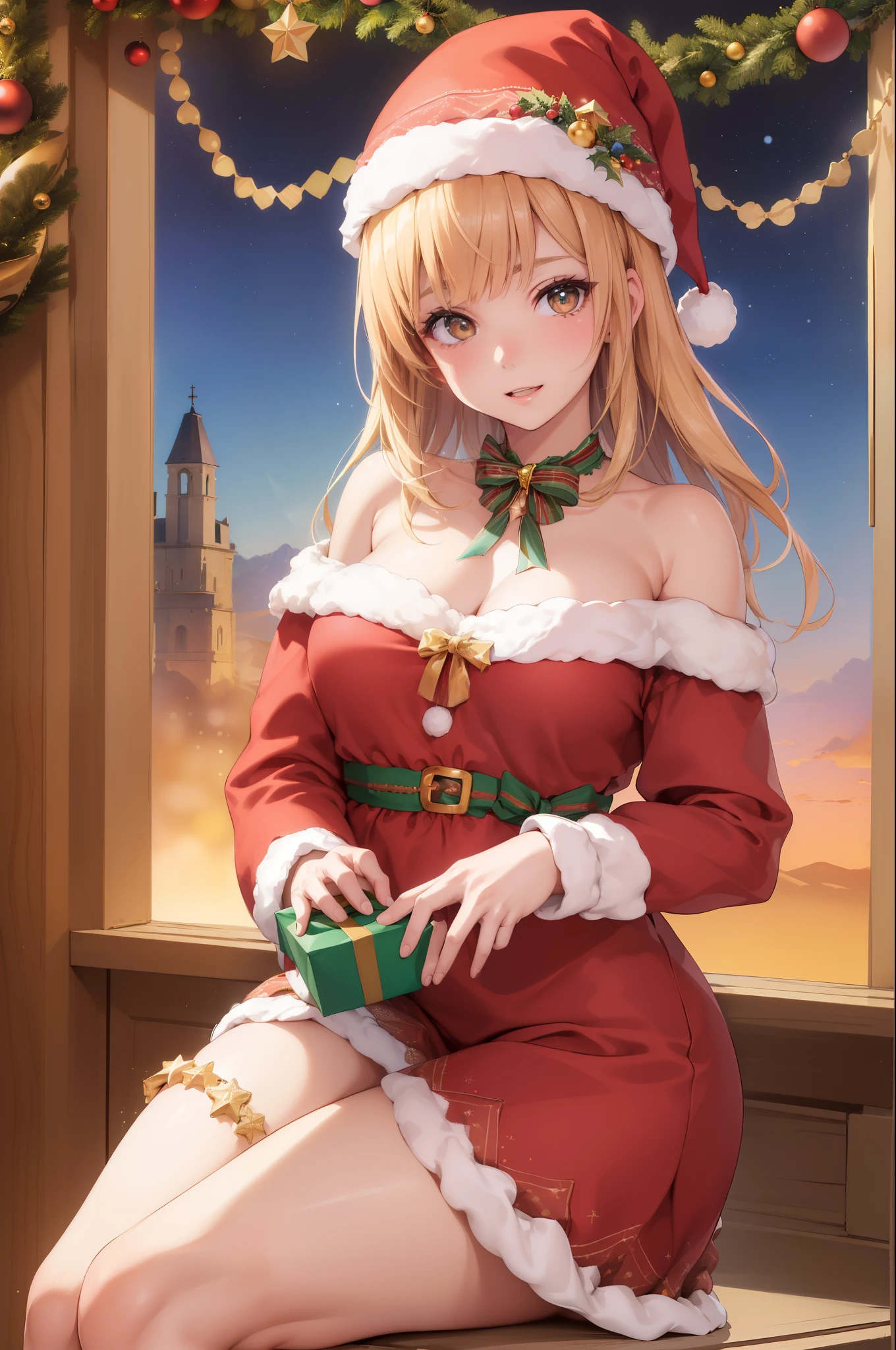 ((La mejor calidad)), ((Obra maestra)), (Detallado), Cara perfecta, Hermosa, ((4k)), SFW, Makima, navidad, Christmas Costume, vestida con ropa de navidad, gorro de navidad, ((8k))