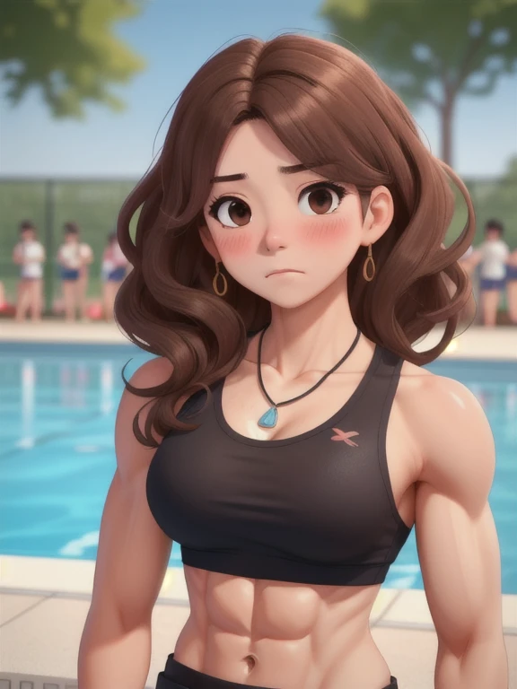 attractive korean woman, ripped muscle, muscular body, small breast, pale skin, sad(blush), sports tanktop, thin necklace, sixpack abs, [ultra detailed skin:1.2], brown hair, wavy hair, 8k uhd, full body, crowd, public, poolside, standing, cum on face,