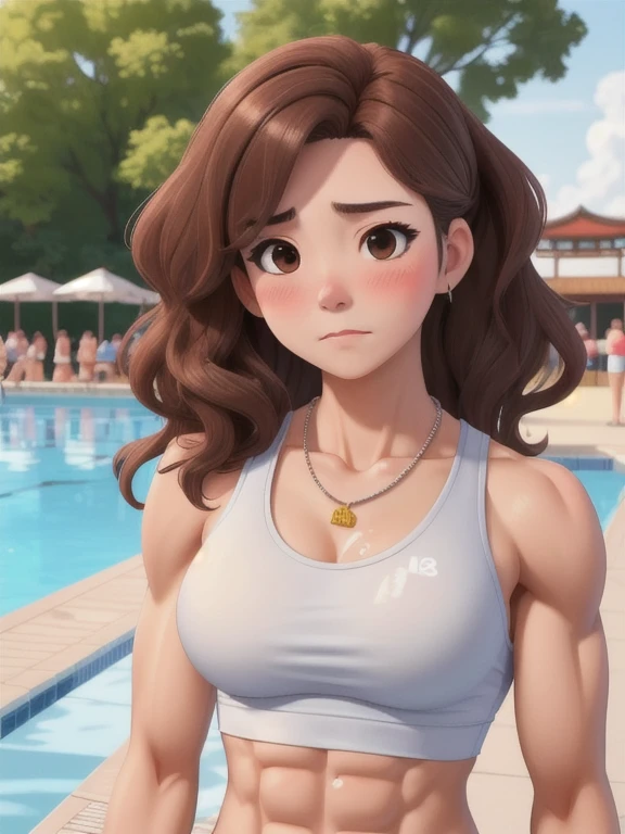 attractive korean woman, ripped muscle, muscular body, small breast, pale skin, sad(blush), sports tanktop, thin necklace, sixpack abs, [ultra detailed skin:1.2], brown hair, wavy hair, 8k uhd, pussy, full body, crowd, public, poolside, standing, cum on face,
