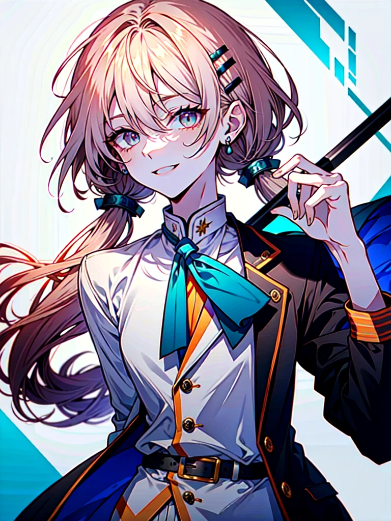 1girl,realistic,short hair,green eyes,empty eyes,purple hair,gigantic breast, uniform,sailor suit,skirt,extremely detailed eyes and face,longeyelashes,beautiful detailed lips,masterpiece,upper body,blue background,lucy