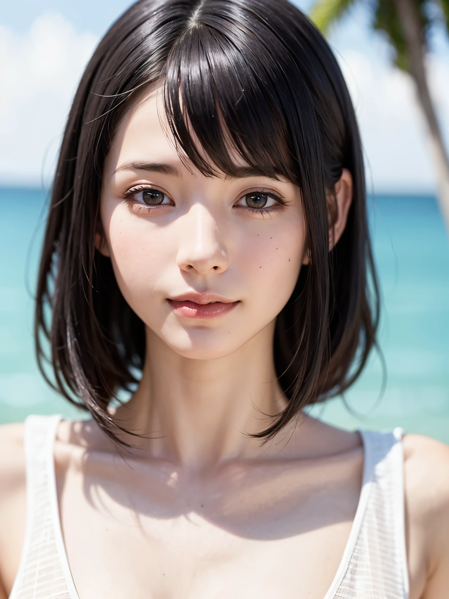 女の子1人、top-quality、realisitic、report、depth of fields、natural soft light、during daytime、魅惑的、beauitful face、Cleanliness、Pure face、de pele branca、cute hawk hair、bangss、the beach、rays of sunshine、Nedium Breast Body Esbian、((Beautiful face with sweater golden ratio Beautiful face with symmetry))、long neck、Put your ears out、bangssのあるきれいな短いボブヘア、Smile with your mouth closed:1.4、Smile with your mouth closed:1.4、perfect hand指、perfect hand、Perfect body、face perfect、Shine a light into the eyes、Perfect Anatomy:1.4、very cute super model:1.4