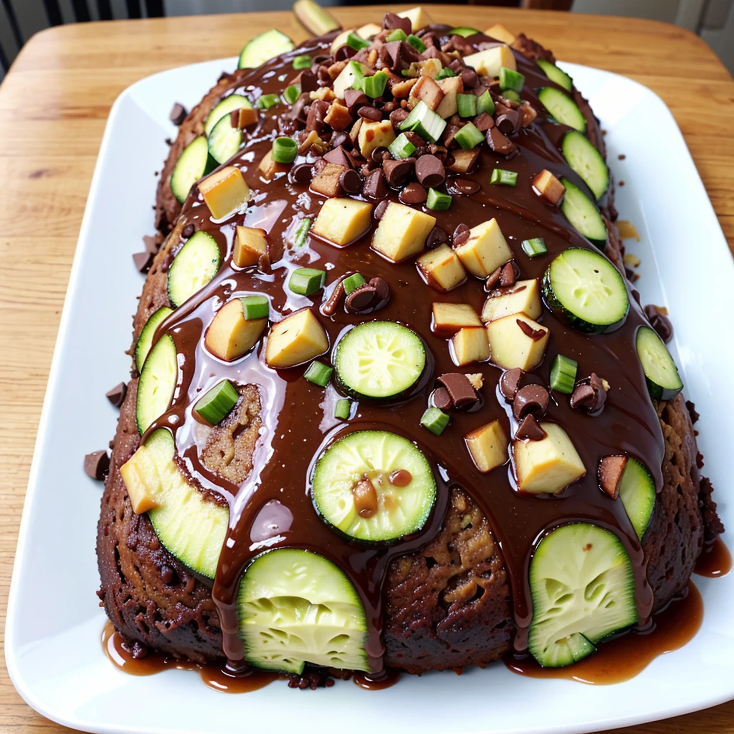 Zucchini, bacon, chocolate chip, cake, caramel syrup, apples