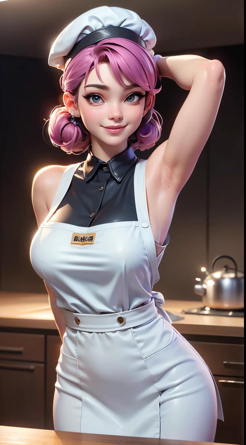 Woman who cooks、(kitchin_aprons:1.Wear retty hand、4K、A high resolution、tmasterpiece、People of the highest quality、Wear cap:1.3、((Hasselblad photograp))、Thin sharp skco、(lighting like a movie)、Soft lighting、Ungle dinámico、[:(Detal Face:1.2):0.2]、Bigchest、side boob, A lot of moisture spills from the skin:1.2、(((in a kitchen))) adorable smile　Viewer's POV　Colossal tits　tying  hair　Sleeveless　Stretch your upper arms　Shoulder extension　cleaning　big kitchen　Beautiful kitchen　wineglass　posterior view　Behind　lomo　Lift and tie your hair, confront ,  Her face, White liquid on the face Huge breasts