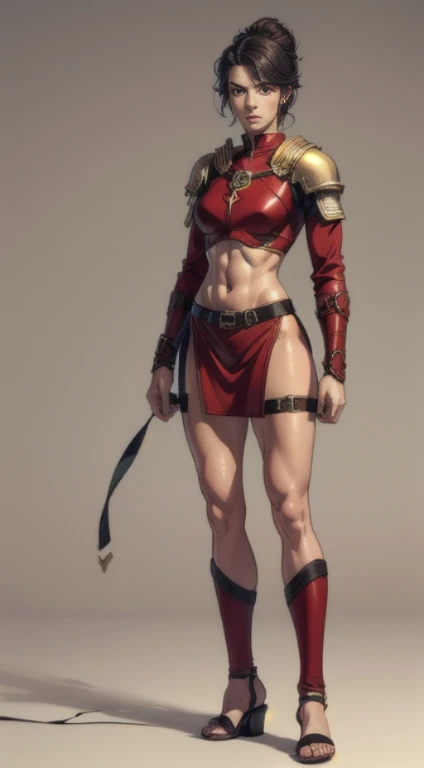 no background, background clean, standing character full body ((solo)), warrior female beautiful adult, perfect fitness body, beautiful charming cute face, serious face, short black hair, pretty detail eyes, beautiful detailed lips, extremely detailed eyes and face, red armor lorica hamata, bare legs, bare abdomen, leather sandals