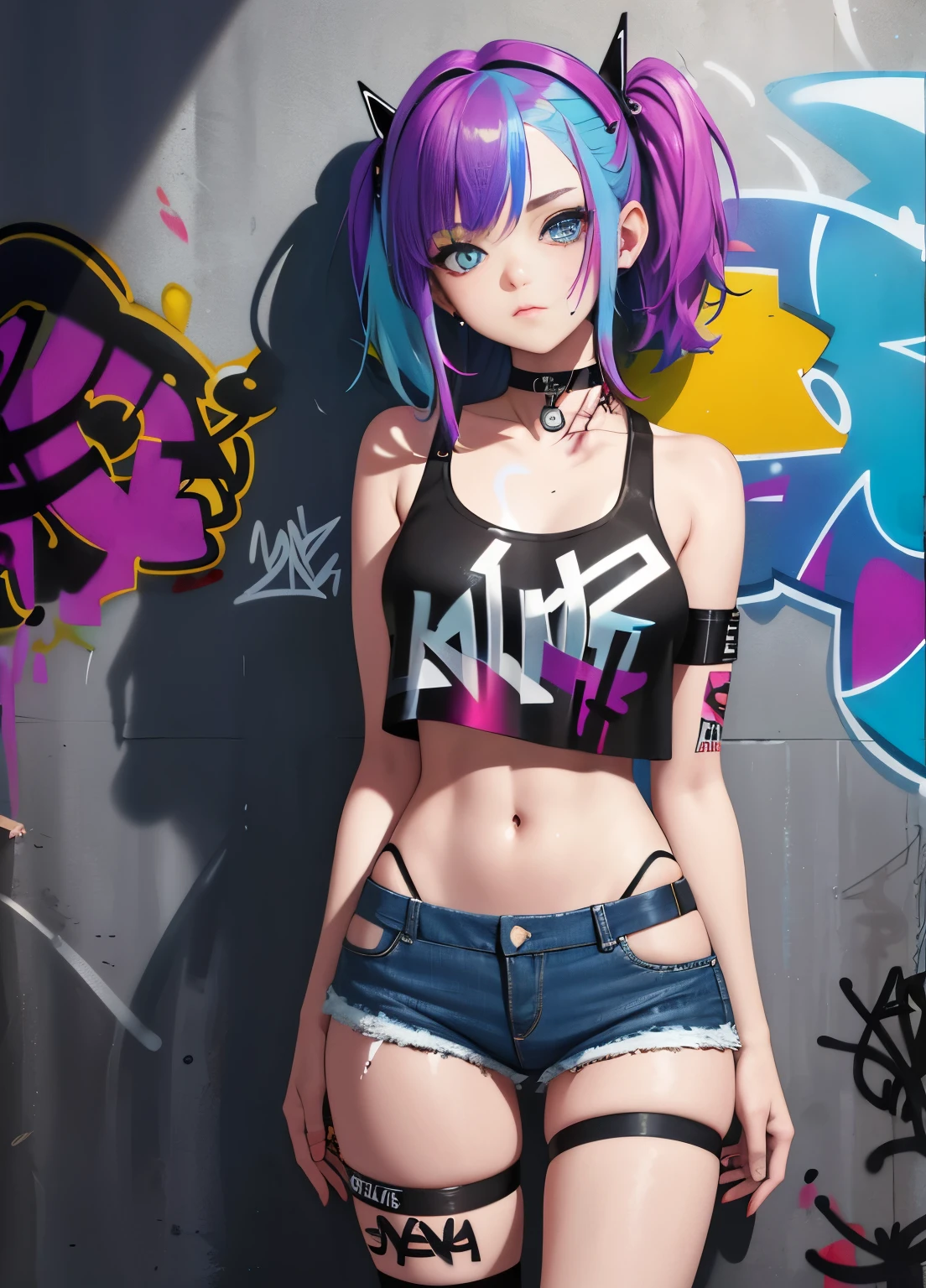 masterpiece, best quality, 1girl, solo, crop top, denim shorts, choker, (graffiti:1.5), paint splatter, arms behind back, against wall, looking at viewer, armband, thigh strap, paint on body, head tilt, bored, multicolored hair, aqua eyes, headset,