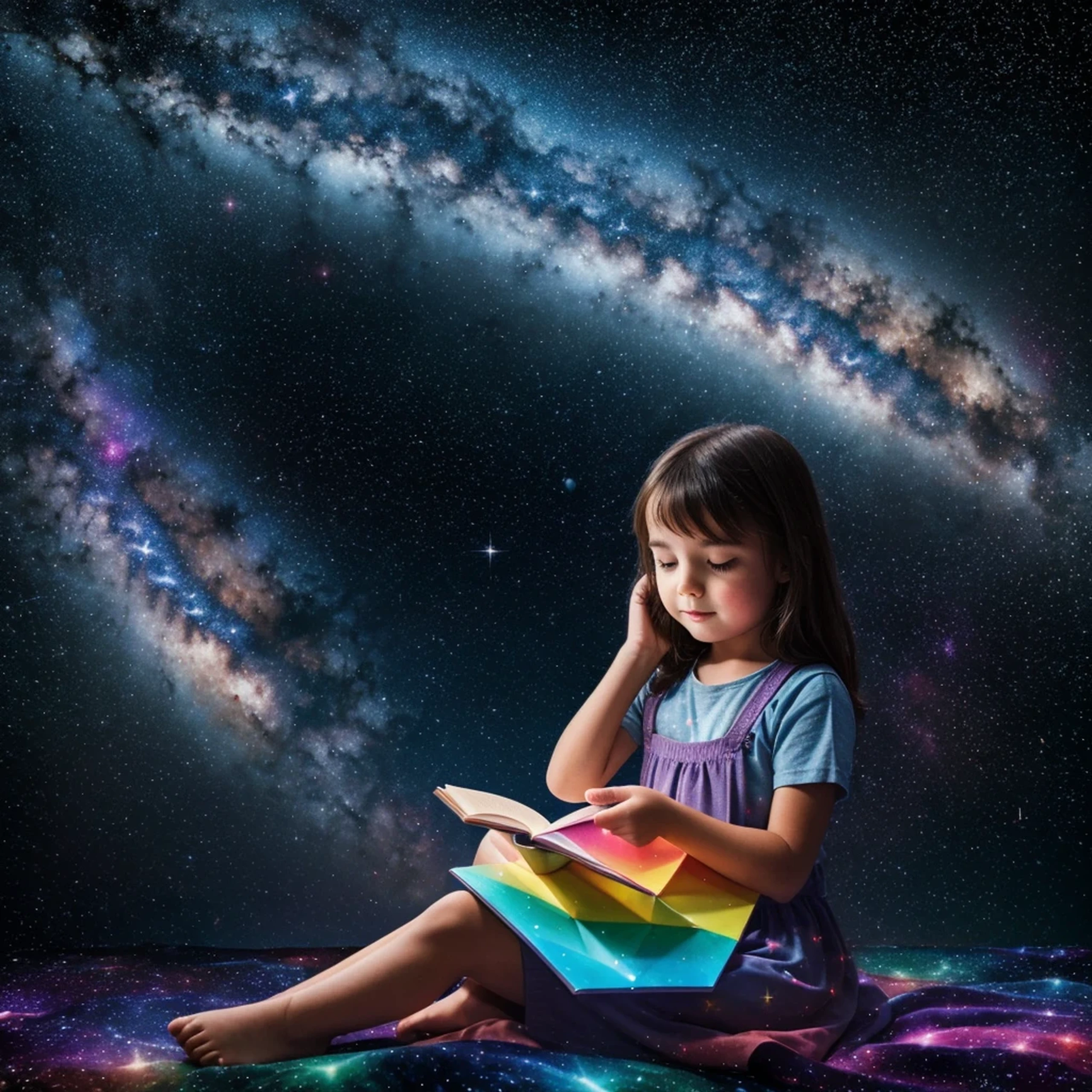 a little girl sitting in the stars and reading a colored shining book, rainbow colored cosmic nebula sky background, stars, galaxies