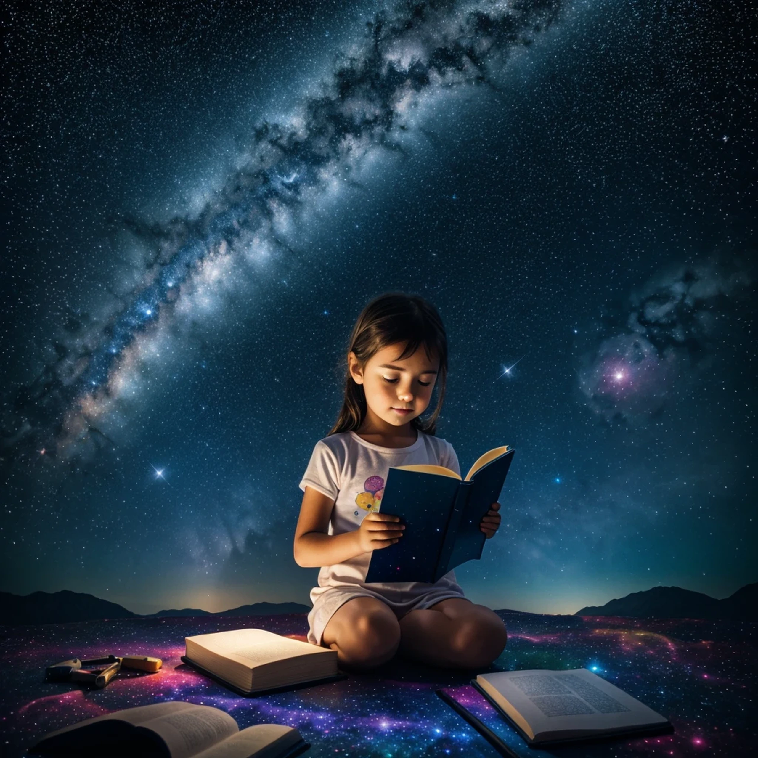 a little girl sitting in the stars and reading a colored shining book, rainbow colored cosmic nebula sky background, stars, galaxies