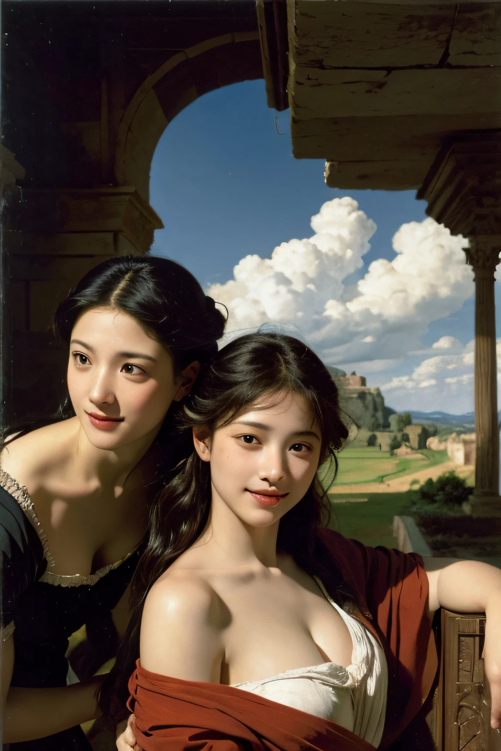 Ancient Roman landscape in the style of Poussin,A smile,,Sweet and seductive appearance.、Caravaggio's paintings、Chiaroscuro of Caravaggio、Hair disheveled in the wind,Two women frolicking,Cute smile, Expression of ecstasy,A sexy,erotick