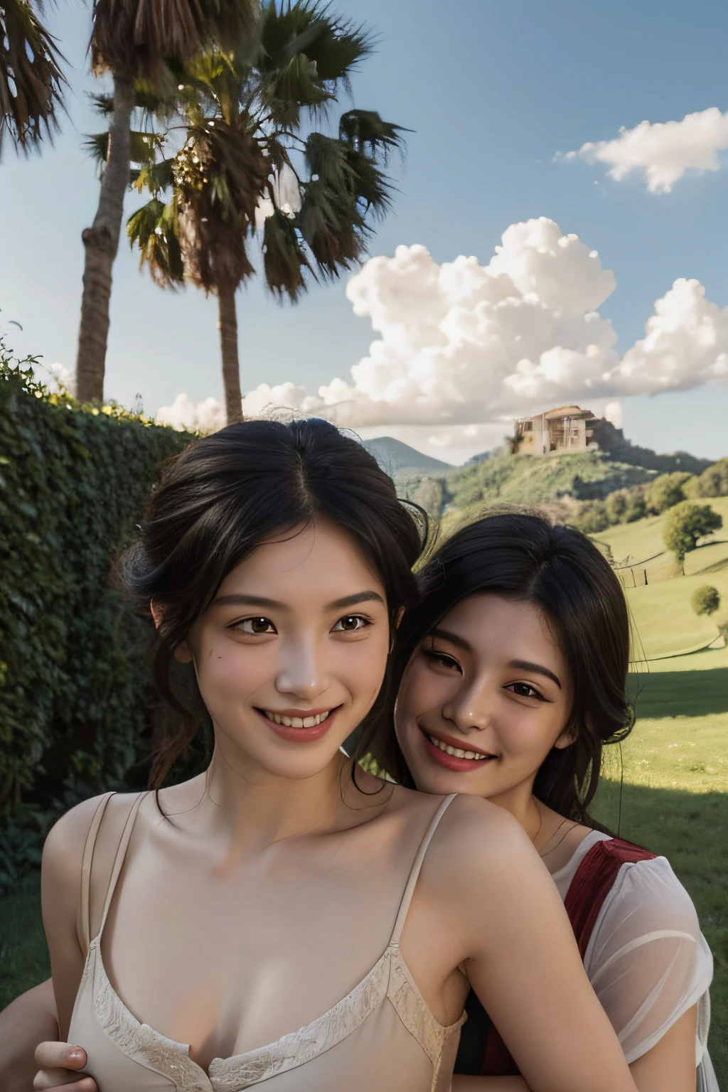 Ancient Roman landscape in the style of Poussin,A smile,,Sweet and seductive appearance.、Caravaggio's paintings、Chiaroscuro of Caravaggio、Hair disheveled in the wind,Two women frolicking,Cute smile, Expression of ecstasy,A sexy,erotick