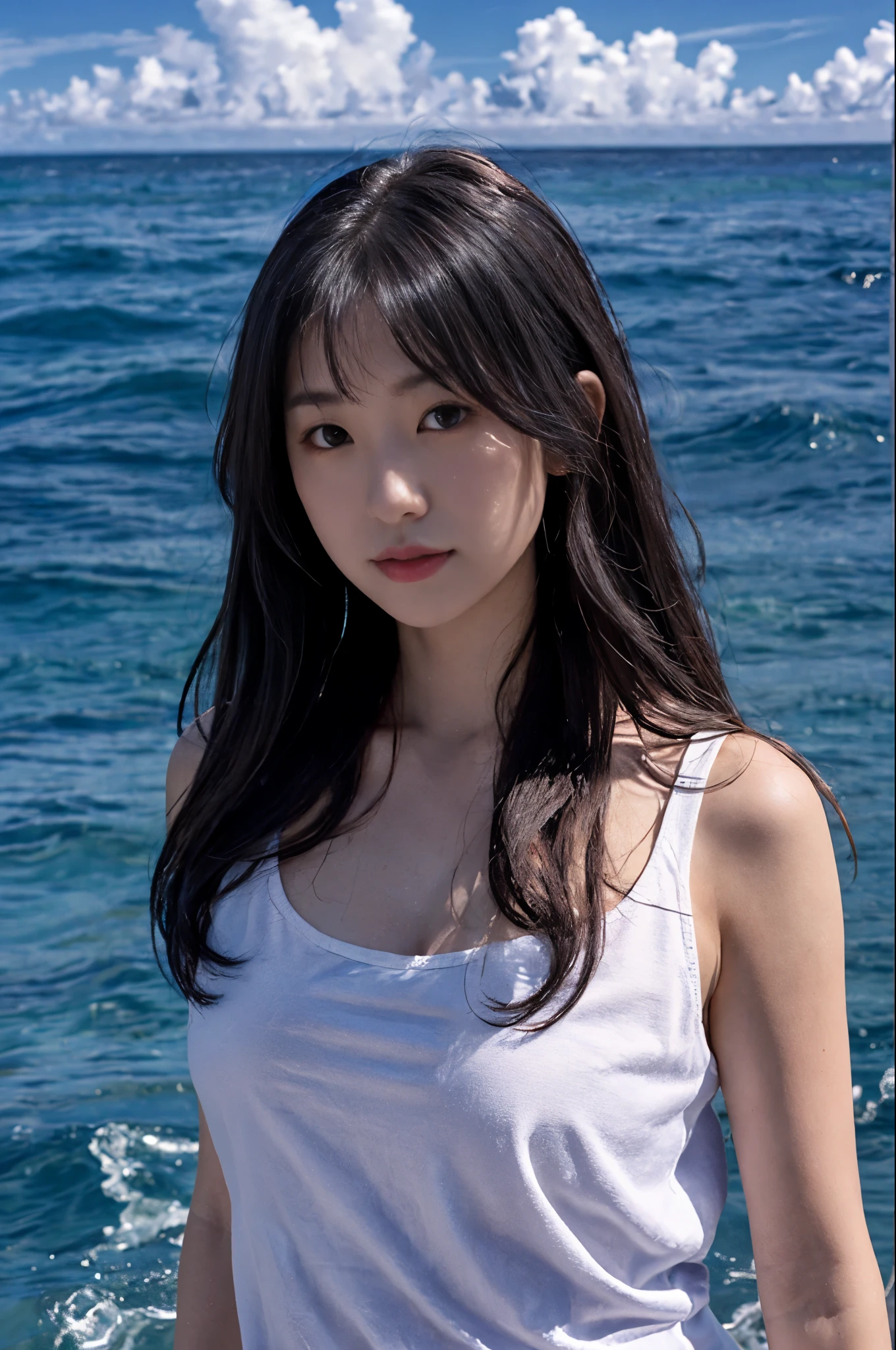 lady, posing to viewer, solo:1, pov, 
ocean background, long hair, upper body, white top tank,