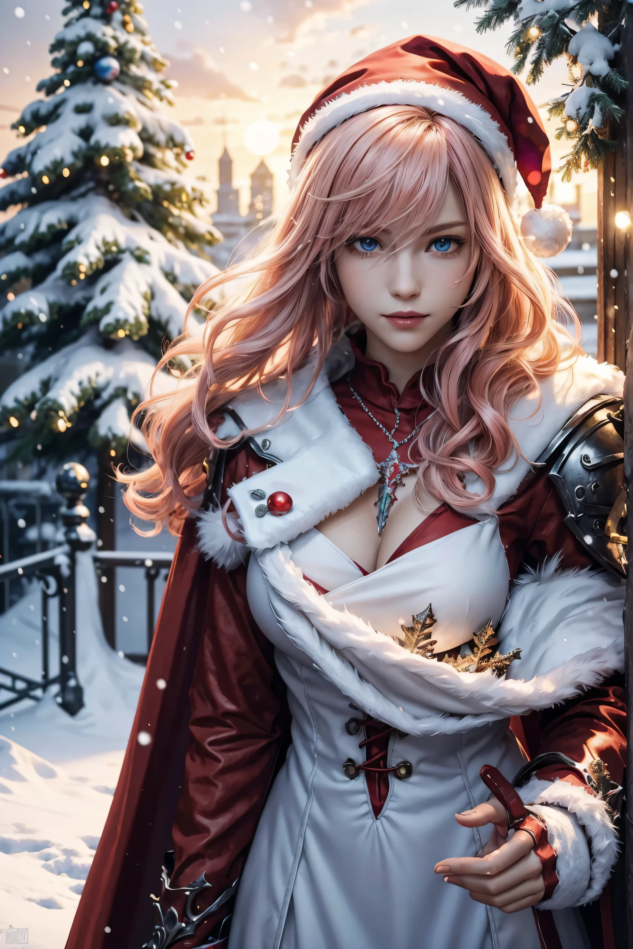 The best piece,Artistically beautiful,Lightning,Final Fantasy 13,FF1 pink blonde,Medium Hair,Light permed hair,Curly hair on one side,Letting down your bangs,A beautiful Blue eyes,beautiful and high nose,Red Santa Claus costume,Santa Claus hat,christmas armor,christmas sword,red santa claus coat,Use blizzard magic,An ultra-high picture quality,hightquality,​masterpiece,Digital SLR,Detailed details,Intricate details,Based on anatomical grounds,Depicted in detail,Detailed face,realistic skin textures,Vivid details,perfect anatomia,perfect anatomia,Anatomically correct hand,Anatomically correct fingers,Super Detail,Complex 3D Rendering,Colossal tits,sexy  pose,bright red claws,beautiful christmas,Beautiful sunset,Fantastic sunset,final fantasy cityscape,Fantasy worldview,Gorgeous Christmas Tree,white Christmas,neon color,Beautiful cityscape,mysterious snow scene,It's snowing,Picturesque beauty,Photograph the whole body,9 head body,Red Lip,Beautiful curly hair,Luxurious necklace,emphasize the beautiful whole body,Beautiful nails,A smile,