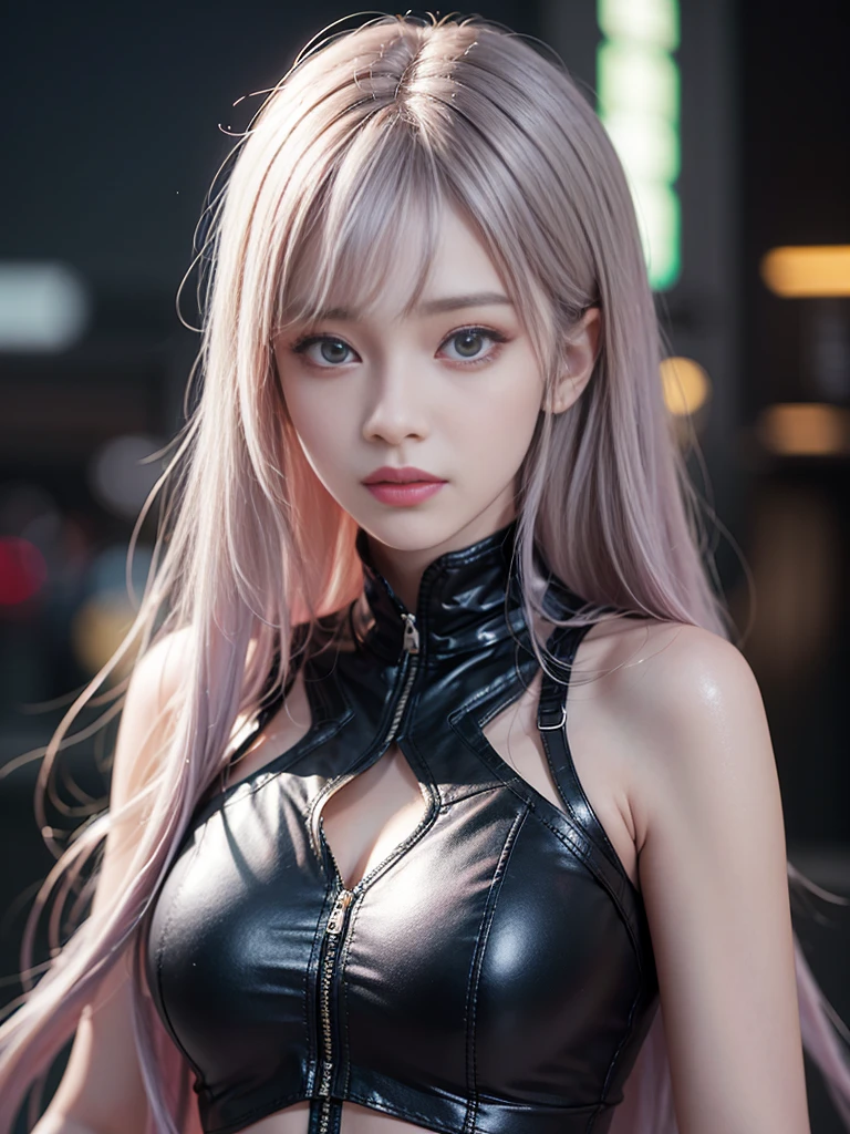 Masterpiece, 1 Beautiful Girl, Detailed Eyes, beautiful Eyes, Top Quality, Ultra High Resolution, (Reality: 1.4), Original Photo, 1Girl, Cinematic Lighting, Korean, Asian Beauty, Korean idol star, Very Beautiful, Beautiful Skin, Slender, Body Facing Front, (Ultra Realistic), (High Resolution), (8 K), (very detailed), (best illustration), (beautifully detailed eyes), (super detailed), detailed face, looking viewer, facing straight ahead, neat clothes, sleeveless, long hair, silver-pink hair, 46 point slanted bangs, cyberpunk background, neat and clean, realistic photo quality,Clothes made of material that feels soft like cotton,thin clothing,look directly at the photographer,