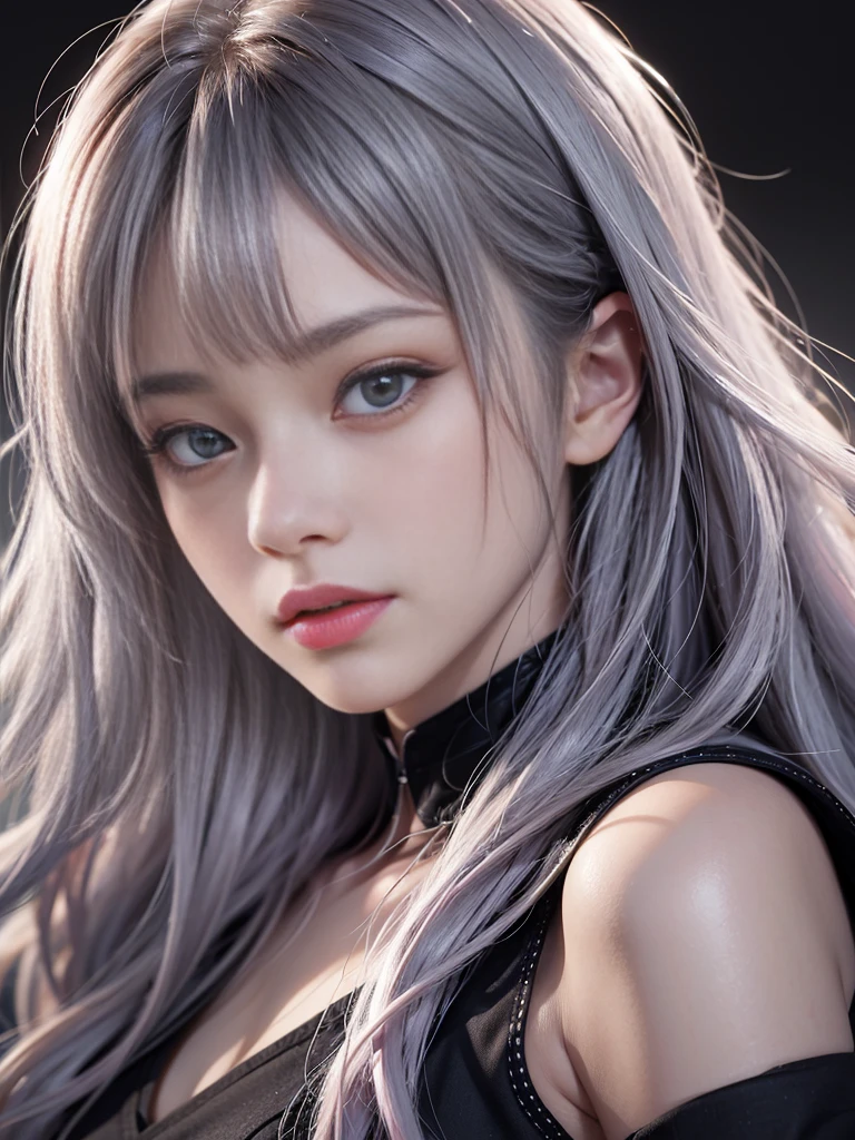 Masterpiece, 1 Beautiful Girl, Detailed Eyes, beautiful Eyes, Top Quality, Ultra High Resolution, (Reality: 1.4), Original Photo, 1Girl, Cinematic Lighting, Korean, Asian Beauty, Korean idol star, Very Beautiful, Beautiful Skin, Slender, Body Facing Front, (Ultra Realistic), (High Resolution), (8 K), (very detailed), (best illustration), (beautifully detailed eyes), (super detailed), detailed face, looking viewer, facing straight ahead, neat clothes, sleeveless, long hair, silver-pink hair, 46 point slanted bangs, cyberpunk background, neat and clean, realistic photo quality,Clothes made of material that feels soft like cotton,thin clothing,look directly at the photographer,
