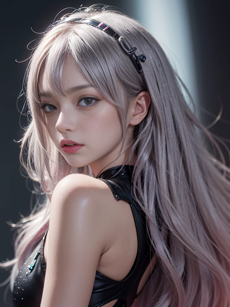 Masterpiece, 1 Beautiful Girl, Detailed Eyes, beautiful Eyes, Top Quality, Ultra High Resolution, (Reality: 1.4), Original Photo, 1Girl, Cinematic Lighting, Korean, Asian Beauty, Korean idol star, Very Beautiful, Beautiful Skin, Slender, Body Facing Front, (Ultra Realistic), (High Resolution), (8 K), (very detailed), (best illustration), (beautifully detailed eyes), (super detailed), detailed face, looking viewer, facing straight ahead, neat clothes, sleeveless, long hair, silver-pink hair, 46 point slanted bangs, cyberpunk background, neat and clean, realistic photo quality,Clothes made of material that feels soft like cotton,thin clothing,look directly at the photographer,