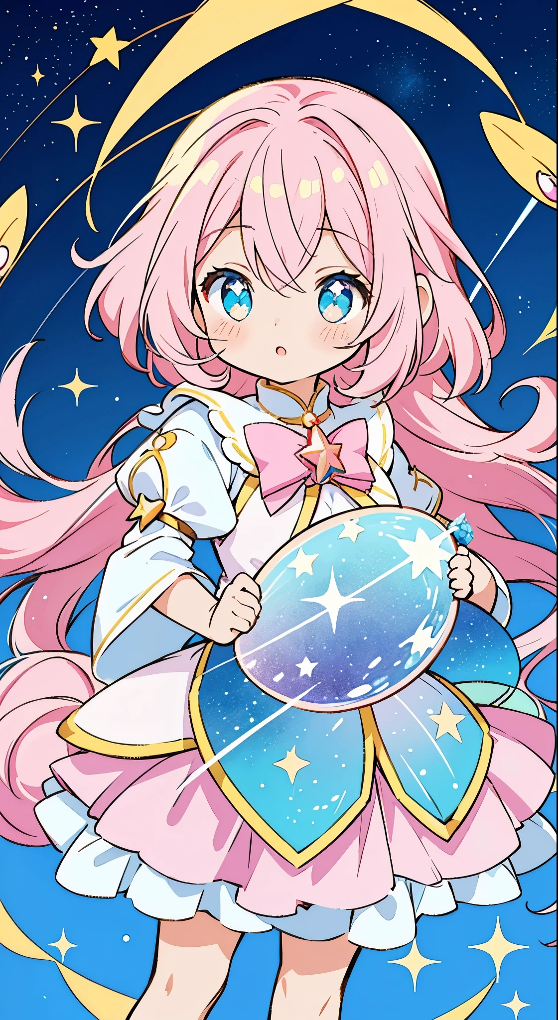 Anime girl star magical girl, sparkling magical girl, portrait of the magical girl, beautiful celestial mage, magical little girl, anime goddess, celestial magical girl, colorful gradient layered magical costume with gold details, ((bright pastel colors)), (colorful), whimsical, cute, long pink blue gradient hair