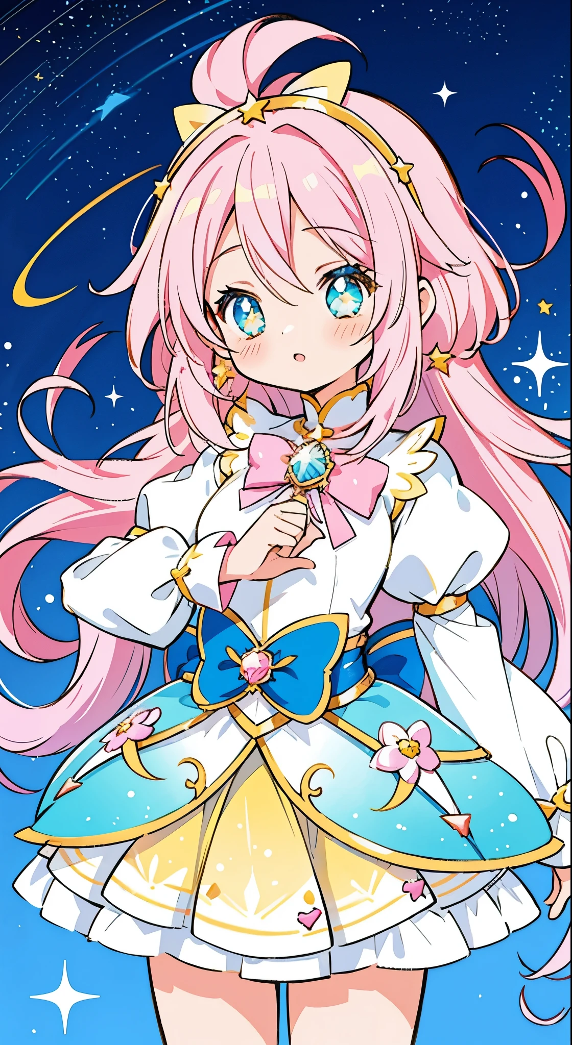 Anime girl star magical girl, sparkling magical girl, portrait of the magical girl, beautiful celestial mage, magical little girl, anime goddess, celestial magical girl, colorful gradient layered magical costume with gold details, ((bright pastel colors)), (colorful), whimsical, cute, long pink blue gradient hair