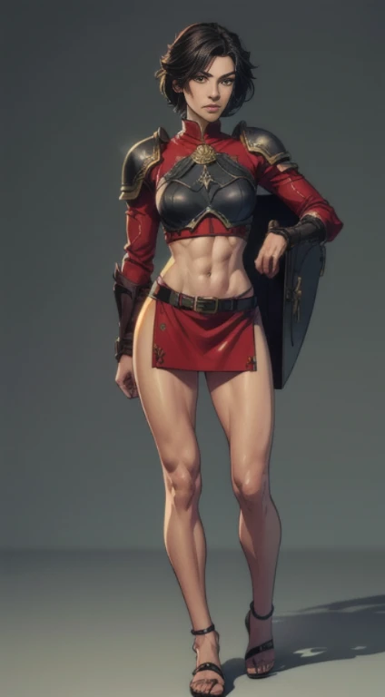 no background, background clean, standing character full body ((solo)), warrior female beautiful adult, perfect fitness body, beautiful charming cute face, serious face, short black hair, pretty detail eyes, beautiful detailed lips, extremely detailed eyes and face, red armor lorica hamata, bare legs, bare abdomen, leather sandals