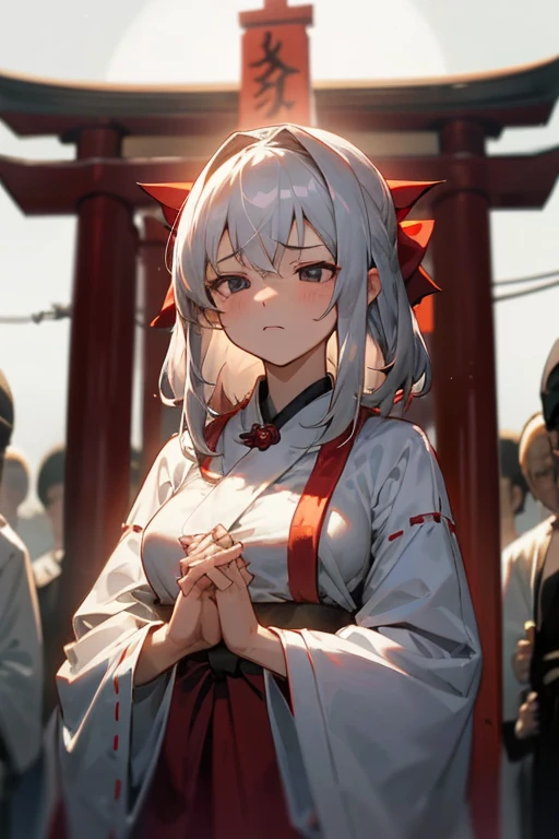 shrine maiden, Best Quality, ultra-detailliert, 1girl in, Solo, Silvery hair, Medium Hair, Black eyes, bangss, medium breasts, White shirt, serious facial expression, closing eye, Pray with Your Hands Together, Shrine night background, Focus , Facing the front