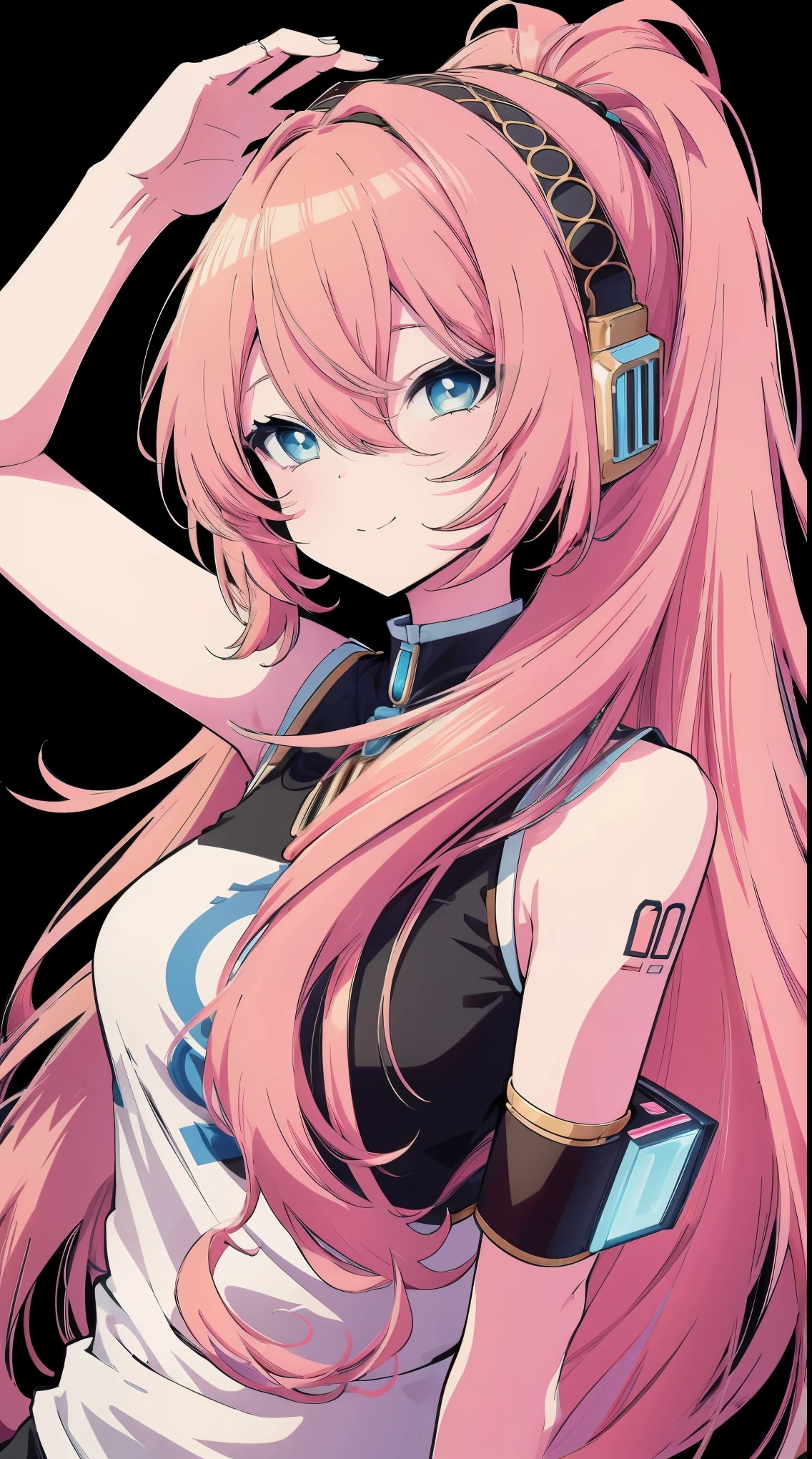 (masterpiece), best quality, (smiling), Luka Megurine, Luka, Vocaloid, pink cat ears, pink cat tail, Luka Megurine, megurine luka, ponytail, pastel blue eyes, pink long hair, hair between eyes, headphones, beautiful background, (dynamic posing), expressive