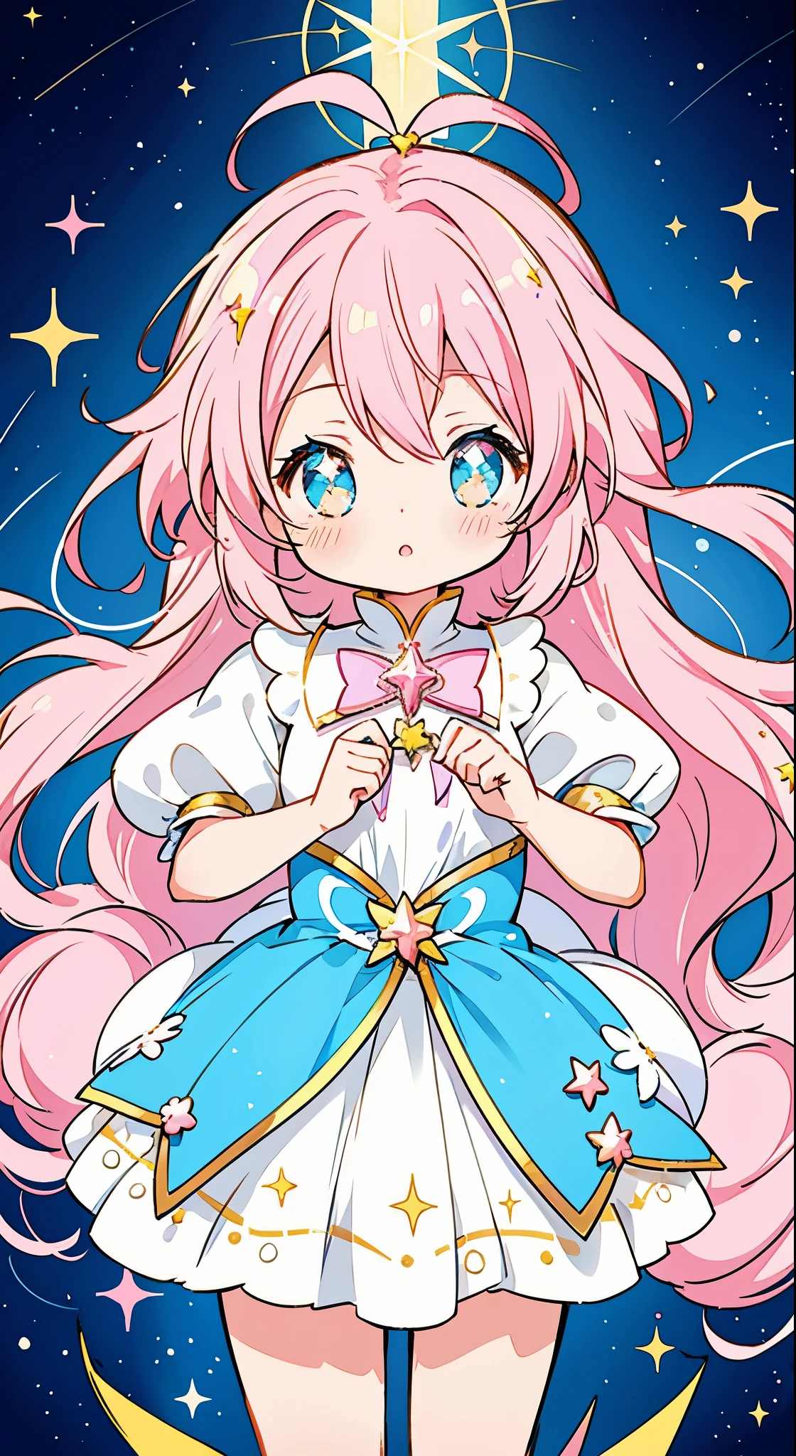 Anime girl star magical girl, sparkling magical girl, portrait of the magical girl, beautiful celestial mage, magical little girl, anime goddess, celestial magical girl, colorful gradient layered magical costume with gold details, ((bright pastel colors)), (colorful), whimsical, cute, long pink blue gradient hair
