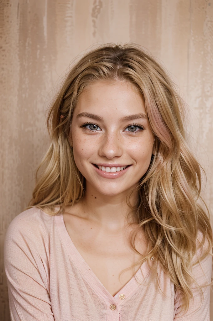 above average looking 24 year old woman, blonde wavy hair with pink streaks, brown eyes, light freckles, big smile