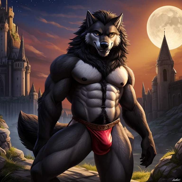 (by Bonfire Demon:0.8), (by wfa:1), (incredibly detailed and intricate:1.4), masterpiece, photorealistic, 4k, 8k, ultra detailed, high quality, werewolf, (dark grey fur:1.2), (black mane:1.5), (detailed fur texture:1.2), digitigrade, correct anatomy correct proportions, (athletic body: 0.8), (black fur happy trail:1.4), (furry chest:0.8), (wolf claws), (wolf fangs and teeth), outside of a castle on midnight with full moon, using a loincloth, (detailed bulge:1.2), looking at viewer, confident, dominant, male, wolf tail, seductive smile