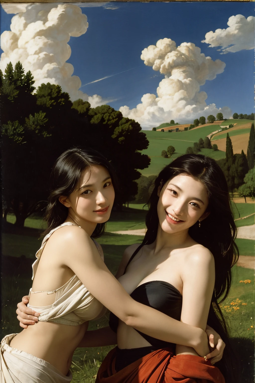 Poussin-style landscape,A smile,,Sweet and seductive appearance.、Caravaggio's paintings、Chiaroscuro of Caravaggio、Hair disheveled in the wind,Two women frolicking,Cute smile, Expression of ecstasy