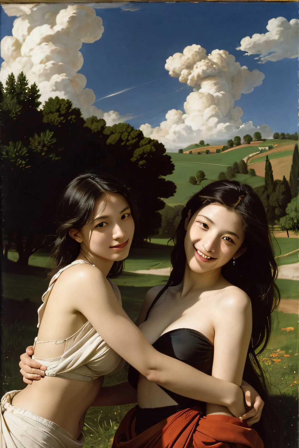 Ancient Roman landscape in the style of Poussin,A smile,,Sweet and seductive appearance.、Caravaggio's paintings、Chiaroscuro of Caravaggio、Hair disheveled in the wind,Two women frolicking,Cute smile, Expression of ecstasy,A sexy,erotick