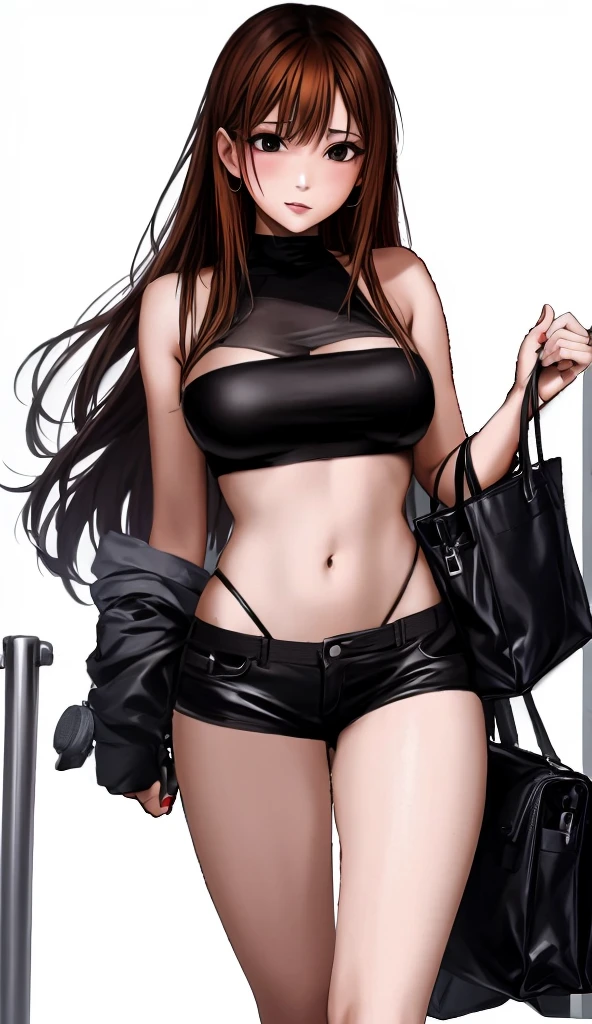 A beautiful adult woman with shoulder-length hair, big breasts, and beautiful legs is standing blushing in a supermarket in a black tube top that exposes her navel and black hot pants.。