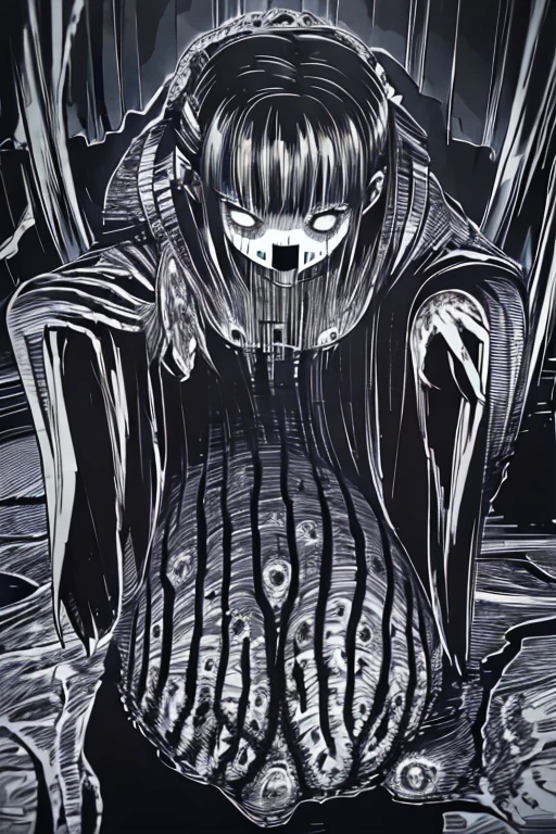 Disgusting, Creepy, nightmare, Disturbing, Creepy, Gloomy, rotten, Nightmare Series by Junji Ito, by junji ito, body horror, gore, creepy, style, nightmare, disgusting, gloomy, rotten, junji ito style, inked, horror manga, tentacle4rmor, clothes, outfit, armor, fantasy, tentacle, surrealism, TOMIE, ANOTHER FACE, DEFORMED FACE, 1girl, solo, looking at viewer