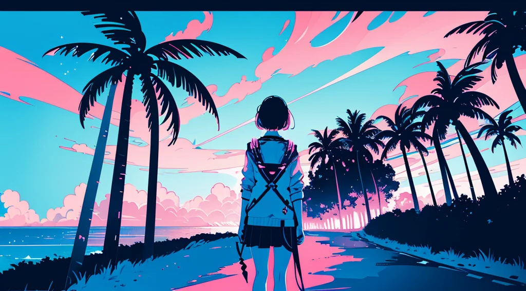 (back view of girl), (cyberpunk road by the sea, pink glowing road, starry blue sky, big moon, palm trees), (low contrast, flat color, limited palette)