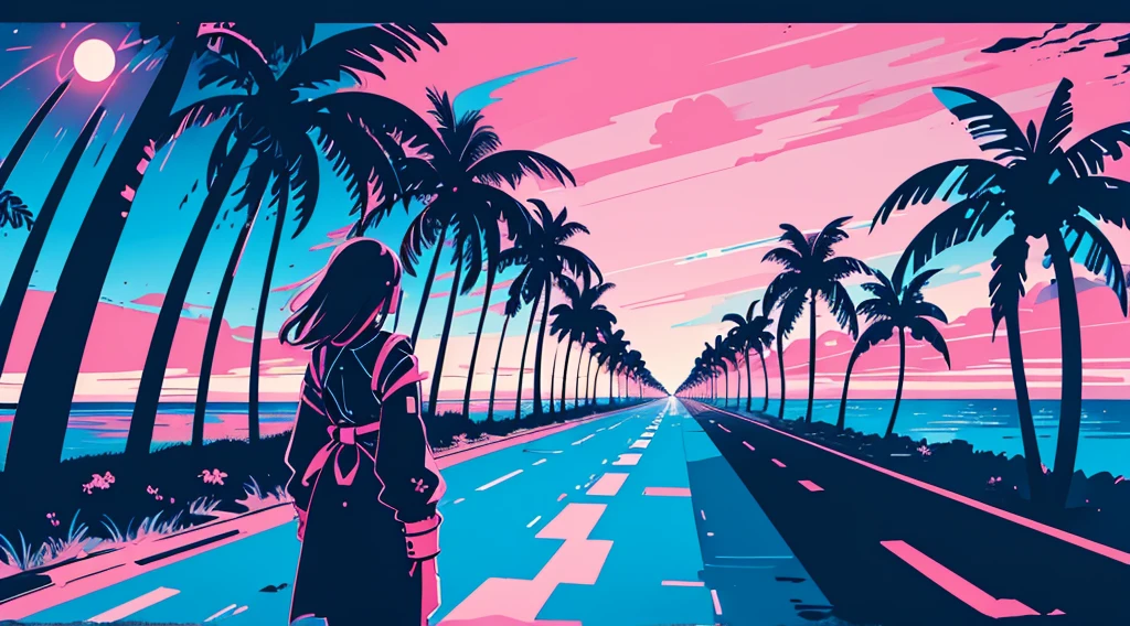 (back view of girl), (cyberpunk road by the sea, pink glowing road, starry blue sky, big moon, palm trees), (low contrast, flat color, limited palette)