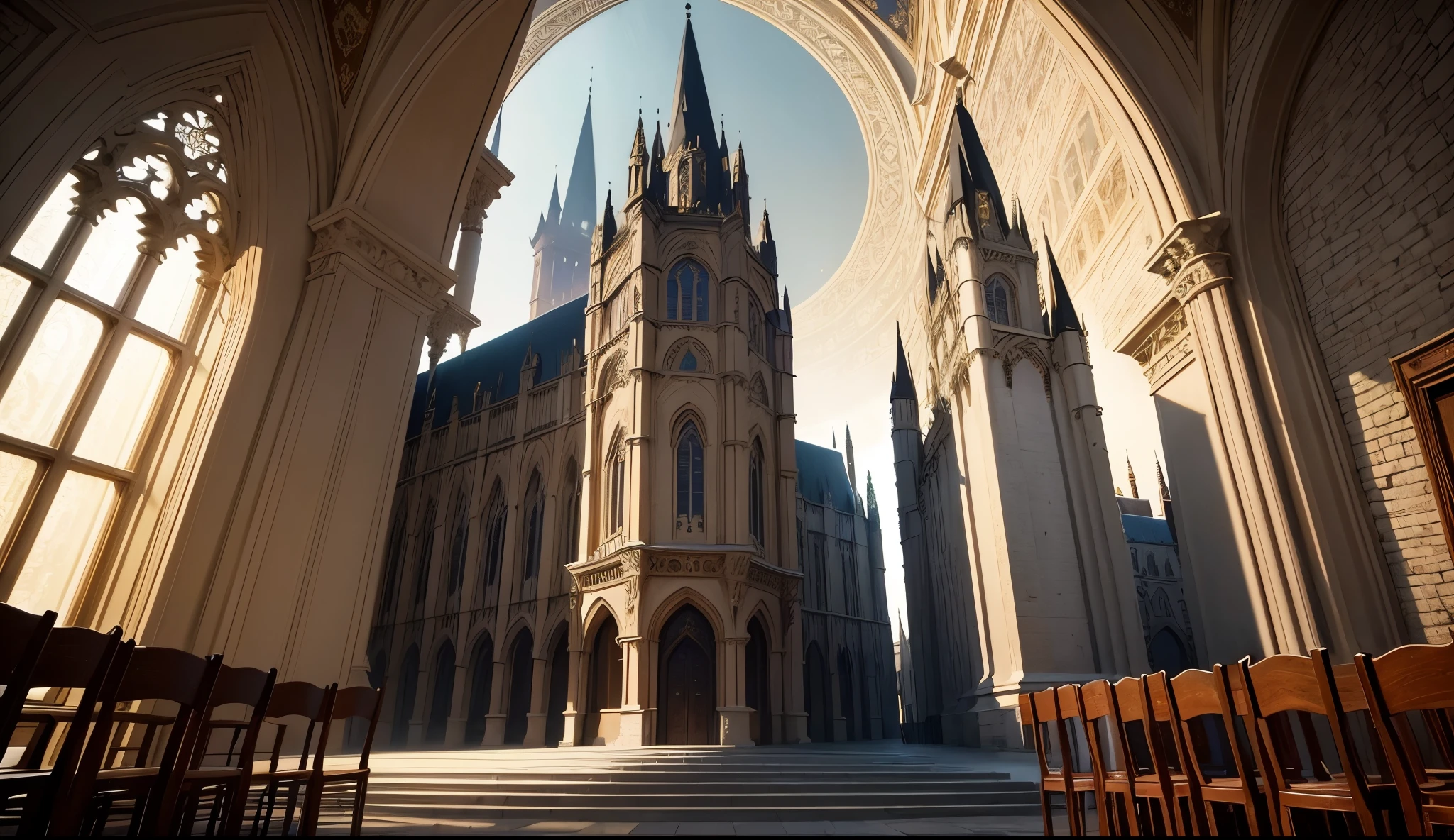 tmasterpiece, quality, Best quality at best, offcial art, Beautiful and beautiful:1.2, extremely detaile, (s fractal art:1.3) Western European medieval style的教廷骑士团建筑, The layout usually includes a main building、courtyard、Church and other parts,very nice decoration,Western European medieval style,.Gothic architectural style,This style is known for its tall towereatures spires and slender windows。This architectural style not only reflects the majesty and sanctity of the Knights.