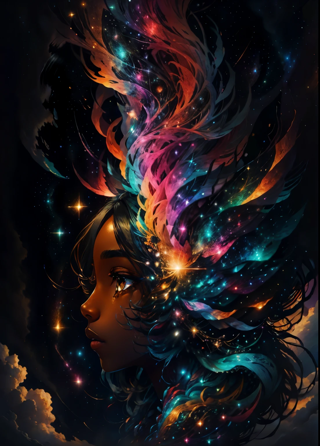 colorhalf00d,, top-down view of a gabrielle uniyon, side profile, black woman, feathers, clouds, acceptance, starry