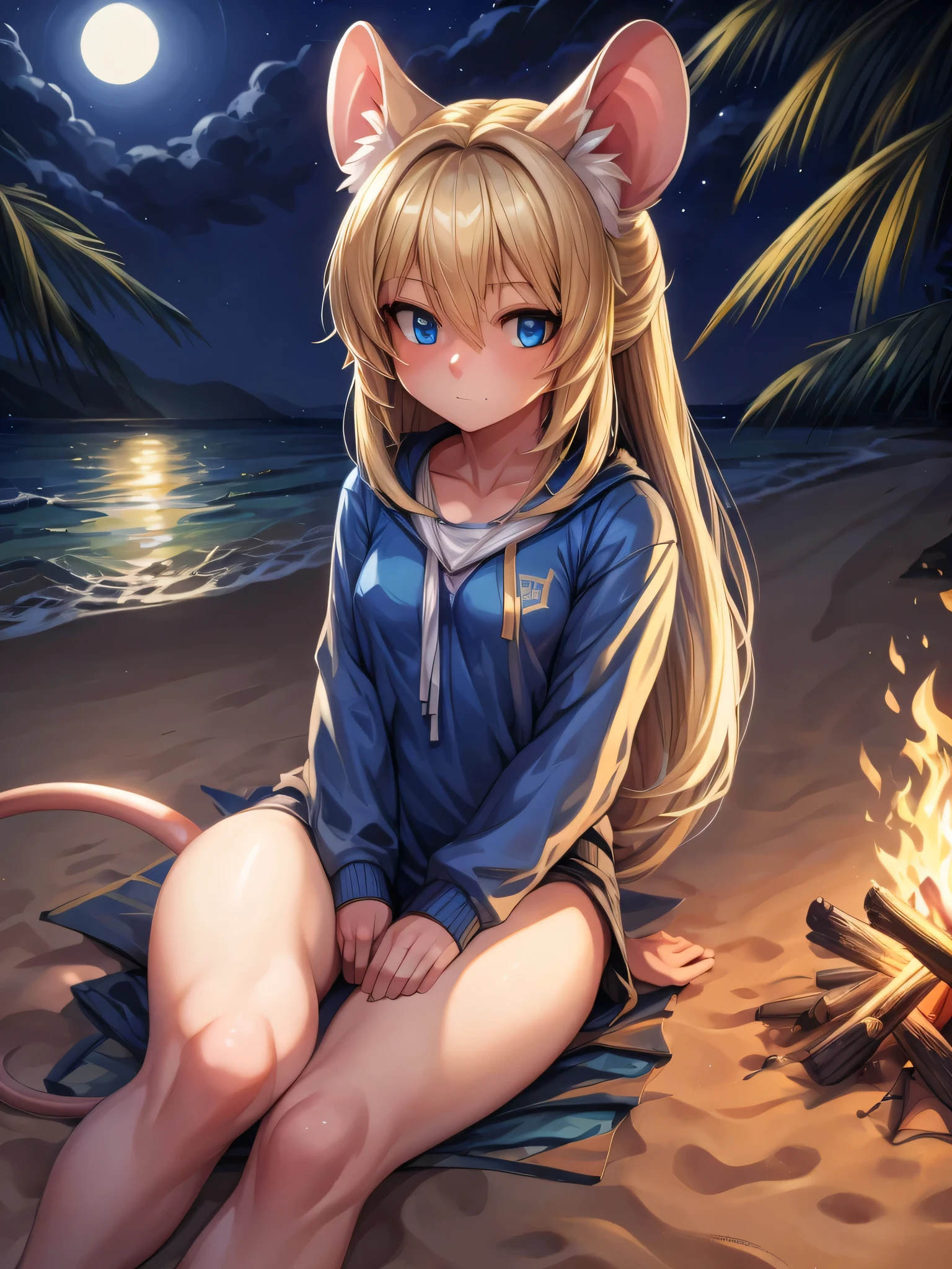 (Masterpiece) (High Detail) (High Res) A short humanoid girl with blue eyes and long blonde hair and blonde mouse ears and a short thin mouse tail and small breasts. She is sat on the beach alone and is dressed in ripped and shredded old clothes. It is night-time and the only light is from a small campfire on the beach. She looks nervous.