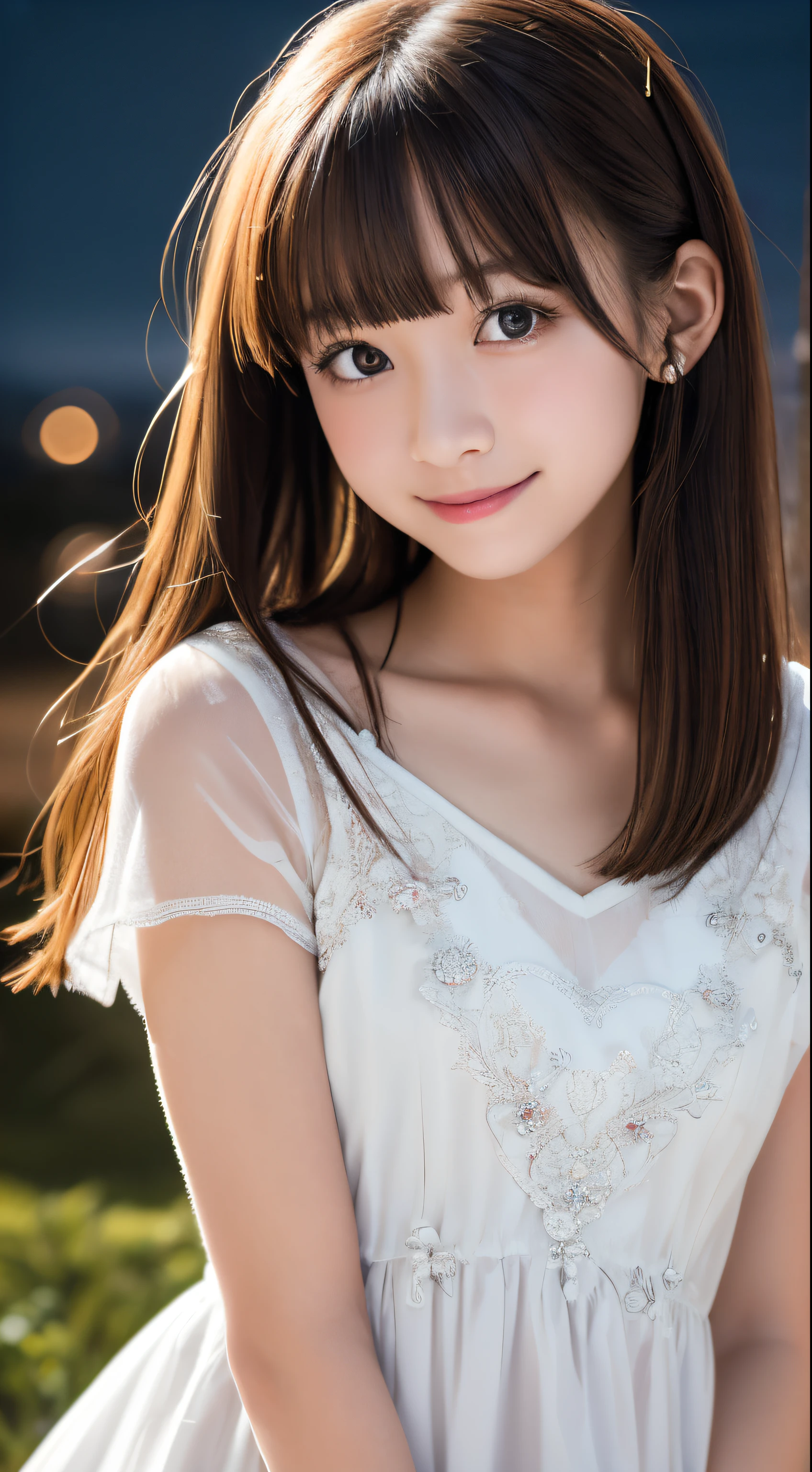 masutepiece, Best Quality, 8K, 10yaers old, Teen, Raw photo, absurderes, award winning portrait, Smile, Solo, (Night:1.8), Idol face, violaceaess, Delicate girl, Upper body, Digital SLR, Looking at Viewer, Candid, Sophisticated,Thin arms, Professional Lighting, Film grain, chromatic abberation, (Eyes and faces with detailed:1.0), (Bokeh:1.1) , (qipao dress:1.0) , closes mouth