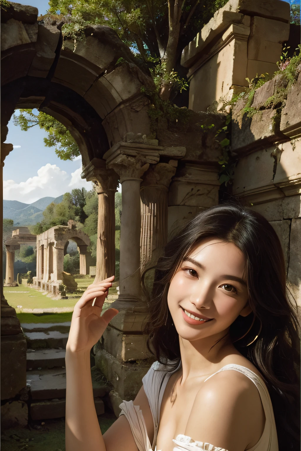 Model shooting style, (extremely detailed CG Unity 8k wallpaper), full-shot body photo of the most beautiful artwork in the world, stunning beautiful photo realistic available, super realistic super detailed photo, a beautiful girl as a female dancer entering the Loggia dei Lanzi of Florence,complex dress, banquet, crowd, [slight smile], (Sculpture of Hercules background), (princess eyes, shining pupils), detailed symmetrical beautiful hazel eyes, detailed gorgeous face, highly detailed, Vibrant, professional majestic oil painting by Ed Blinkey, Atey Ghailan, Studio Ghibli, Jeremy Mann, Greg Manchess, Antonio Moro, ArtStation Trends, CGSociety Trends, Complex, High Detail, Sharp Focus, Dramatic, Realistic Painting Art, by Midjourney and Greg Written by Rutkowski