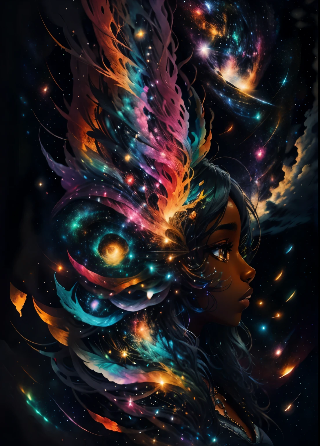 colorhalf00d,, top-down view of a gabrielle uniyon, side profile, black woman, feathers, clouds, acceptance, starry, sky background