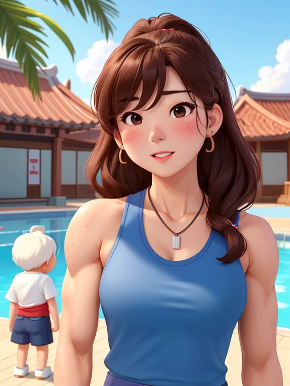 attractive korean woman, ripped muscle, muscular body, small breast, pale skin, sad(blush), sports tanktop, thin necklace, sixpack abs, [ultra detailed skin:1.2], brown hair, wavy hair, 8k uhd, full body, crowd, public, poolside, standing, cum on face,