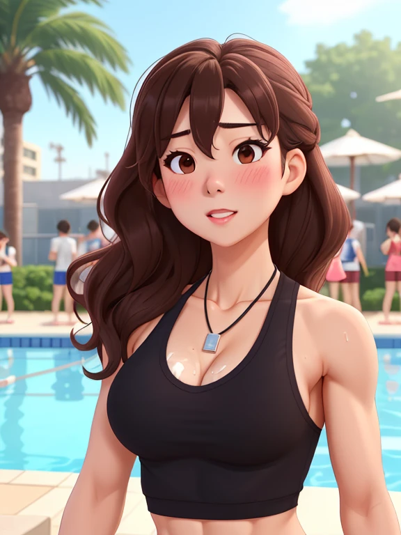 attractive korean woman, ripped muscle, muscular body, small breast, pale skin, sad(blush), sports tanktop, thin necklace, sixpack abs, [ultra detailed skin:1.2], brown hair, wavy hair, 8k uhd, full body, crowd, public, poolside, standing, cum on face,