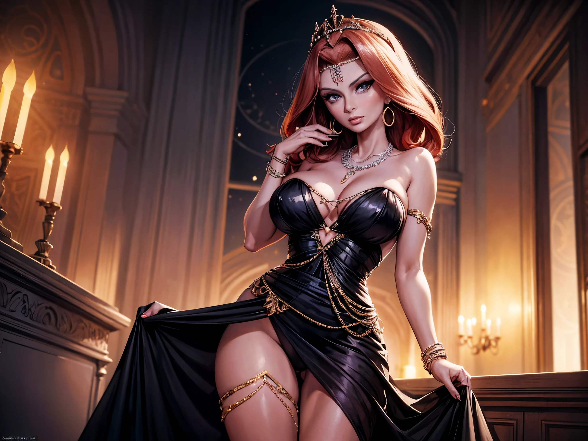 arafed woman in a black dress with a necklace and a necklace, sophia loren, photo of sophia loren, young sophia loren, promo image, tamara de lepika, bond girl, glamour shot, promo shot, by Stan Galli, yelena belova, photo of a model, she is redhead, in star trek the original series, with short hair